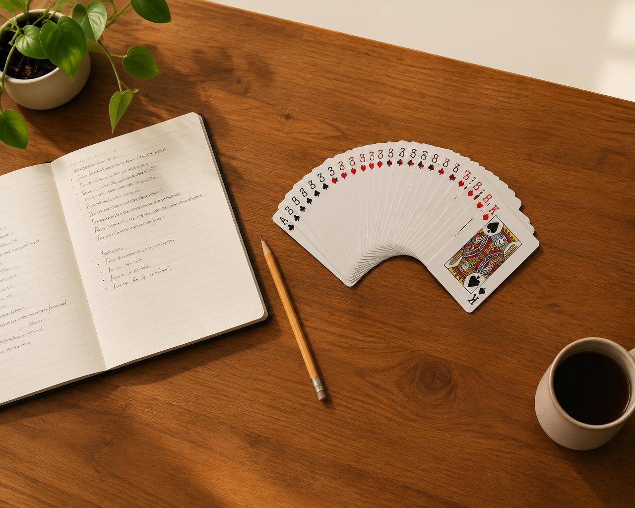 Baraja común, cuaderno abierto y lápiz sobre una mesa de estudio